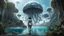 Placeholder: Detailed matte painting of a wide-angle shot of a woman, standing on the left side of the shot, with dark hair in a silver robotic catsuit, many large floating jellyfish with octopus tentacles, alien jungle trees in the distance, with an alien beach and lake