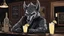 Placeholder: A werewolf with a pompadour haircut drinking a Pina Colada at a bar in London. Illustration.