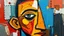 Placeholder: random abstract painting, flat brush strokes, palette knife, hyperdetailed oil on canvas, triking abstract cubist Picasso style design with trings tape brightly colored impasto oil paintings and rusty metal pieces and glass, one eyes white a head two curved. Cubism breaks objects into geometric shapes. presence, picasso, botero and steve mac curry style