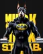 Placeholder: Muscular and powerful Doberman superhero, weightlifter type, with a serious and confident expression. He wears the suit inspired by Batman's. On the chest a (((stylized logo))) of a dog. Strike a heroic pose. Vibrant typography 3d rendering photo.