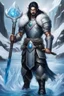 Placeholder: 1 mana warrior, with blue eyes and black hair man in silver Viking armor with fur around the neck with blue crystal on his chest , standing in water in the artic, holding a ice axe, warrior in anime style,