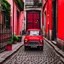 Placeholder: The Mini Cooper parked in an old alley, red, with a dog on it.