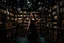 Placeholder: full-height shot of a woman in a tifull-height shot of a woman in a tight black dress, inside a large magic book shop, shelving, lights, books, bottles, windowsght black dress, holding up small glowing symbols, inside a magic book shop