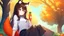 Placeholder: 1girl, sitting, animal ear, tree, carrot, brown bunny ears, brown bunny tail, animal tail, short blue skirt, long brown hair, white shirt,