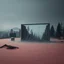 Placeholder: A super high definition photo of a dark open space with structures and a large computer screen. A transparent tarpaulin covers an image resembling a ruined building. There is a group of fir trees in the background and a high hill in the distance. The surface below is in a pastel color. Fog is present. Scientific terraforming ongoing