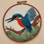 Placeholder: exquisite kingfisher in embroidery hoop, intricate, highly detailed, linen and wood backdrop