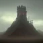 Placeholder: franz frazetta style, guardtower on hill, amon hen, dusk, storm in the distance