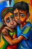 Placeholder: a girl hug her brother and both crying sadly, expressionism, Pixar style, in abstract art Basquiat, Picasso, Miro, Kandinsky, Klee, Birell, Fairey, Ardon, Buffet aand Picasso style, HD --s 750 --v 5.1 --style raw, water color
