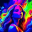 Placeholder: bold neon colors, cartoon style illustration of a woman as she sees the world while experiencing hallucinations, stoned, splash art, splashed neon colors, (iridiscent glowy smoke) ((motion effects)), best quality, wallpaper art, UHD, centered image, MSchiffer art, ((flat colors)), (cel-shading style) very bold neon colors, ((high saturation)) ink lines, psychedelic environment