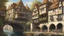 Placeholder: medieval buildings with balconies overhanging a river, blue sky and people, photorealism, trees, foliage, piers, ultra-sharp image, sharp focus