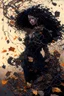 Placeholder: abstract creation of a beautiful girl with black curly hair, surrounded by black roses, thick metal chain broken, glass petals on the ground, autumn colours,dried out thorn bush, chaos,