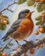 Placeholder: A beautiful bright close-up image of an American robin bird, standing on a tree branch while singing. Hyper-realistic hyper-vibrant hyper detailed oil painting.