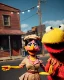 Placeholder: waitress woman with Sesame Street muppet mask-head, concept art, retro style, smooth, unreal engine 5, god lights, ray tracing, RTX, lumen lighting, ultra detail, volumetric lighting, 3d.