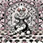 Placeholder: Storybook illustration of a Pierrot Clown, black and white with pink accents, Beardsely style, art nouveau elements, vintage drawing, pierrot vintage, black and white marble floor