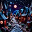 Placeholder: Detailed creepy street made of modeling clay, village, stars and planets, volumetric light, Roger Dean, naïve, Tim Burton, strong texture, Ernst Haekel, extreme detail, Max Ernst, decal, rich moody colors, sparkles, Yves Tanguy, bokeh, odd