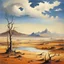 Placeholder: clouds, arid land, distant mountains, dry trees, pond, Yves Tanguy