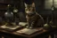 Placeholder: a learned cat reading a book in a steampunk laboratory