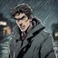 Placeholder: a closeup of a psychotic young man in a heavy coat during a rainstorm cartoon