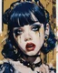 Placeholder: Poster in two gradually, a one side malevolent goth vampire girl face and other side the Singer Melanie Martinez face, painting by Yoji Shinkawa, darkblue and gold tones,