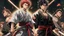 Placeholder: yujiro hanma vs yoriichi tsugukuni, baki vs kimetsu no yaiba, two mans standing in front of each other, a big strong man in black shirt with red hair and evil grin in martial art's stance with bare fists facing a smaller feminine swordsman with long hair and calm face reaching for his sword in traditional japanese clothes both preparing to fight each other