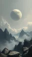 Placeholder: Grey sky, planet in the sky, rocks, mountains, sci-fi, friedrich eckenfelder impressionism paintings