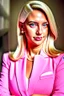 Placeholder: Extremely rich young female politician portrait in all pink outfit, blonde hair and tan skin
