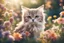 Placeholder: antropomorph kitten owl in a flowergarden in sunshine, ethereal, cinematic postprocessing