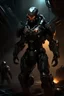Placeholder: angry humanoid, cyber suit, helmet, full body, slaves arround, war background