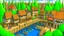 Placeholder: medieval village on a lake with bridges, people, balconies, trees