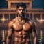 Placeholder: Hyper Realistic handsome Young shirtless muscular short hair Indian king with wet chest standing in a lake outside traditionally beautiful Indian palace at night