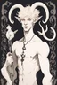 Placeholder: young satyr male albino alchemist with goat horns in the style of Aubrey Beardsley