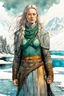 Placeholder: create an ink wash and watercolor full body portrait of a pale female Norse tribal mercenary, with highly detailed, delicate feminine facial features, inhabiting an ethereal Northern winter fjord land of pristine blue waters, in the comic book style of Jean Giraud Moebius, David Hoskins, and Enki Bilal, precisely drawn, boldly inked, with vibrant colors