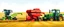 Placeholder: Parked at the edge of a field is a Claas brand Combine(left) Vaderstad implement Seeder(middle, red) and a John Deere Tractor(right) children's book illustration