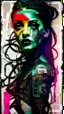 Placeholder: Russ Mills, byroglyphics style art, backdrop, mixed media, broad energetic brushstrokes, palette knife, chaotic collage, cardboard, newspaper, torn paper, gauze, broken glass, graphic image, vibrant natural color, intensely passionate, full body, eerie, slim Goth punk woman with long braided hair of Spanish and Lebanese heritage, beauty in chaos