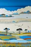 Placeholder: A white grasslands near a kingdom in the cloudy sky designed in Indian Gond art painted by Piet Mondrian