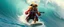 Placeholder: pirate shotgun mozart playing with his wig, looking hot and crazy on a surfboard on a big wave