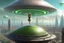Placeholder: flying saucer with clear dome top with beautiful woman inside over future alien city