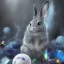 Placeholder: fantasy magic, sharp focus, illustration, highly detailed, digital painting, concept art, art germ and Paul Lewin and Kehinde Wiley, masterpiece silver slolo rabbit with unicorn horn, dark blue aye