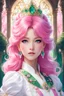 Placeholder: 2D anime style. With hair like cotton candy, pink and bright, Eyes of emerald, shining with pure delight. In a white and navy uniform she stands, A sparkling green diamond adorning her commands. Surrounded by a palace, regal and grand, Where vivid colors paint a kingdom's brand. She's a vision of enchantment, a royal sight, In this magical realm, where dreams take flight.