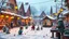 Placeholder: Festival Square – Subtle Excitement and Cheer"The Easter festival in the village square is alive with tiny, joyful movements. Children giggle as they crouch in the snow, their hands reaching for hidden pastel-colored eggs. A warm breeze causes ribbons tied to market stalls to flutter softly, their pastel hues catching the golden lantern light. A wooden stage creaks gently as a choir of bunny figurines sways in rhythm, singing a festive tune. A villager carefully places a fresh batch of steaming