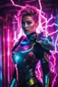 Placeholder: Photography Beautiful woman dressing futuristic cyberpunk armor, colors lighting, extreme neons colors lightning, surrounded by colors electricity