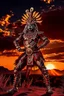 Placeholder: Full legs. Striking portrait of Nantli warrior as anthropomorphic puma, adorned with intricately designed traditional armor and headdress. His face, painted with black and white patterns, radiates a fierce and determined expression. A red sun adorns his headdress, symbolizing strength and power. The background, a vast, golden desert landscape, with a sun setting behind some rocky outcrops. 8k. Full body