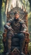 Placeholder: close up portrait of a happy blessed ancient magical king mad max soldier posing for foto shoot on a throne, holding a burning sceptre, in a space alien mega structure with stairs and bridges woven into a sacred geometry knitted tapestry in the middle of lush magic forest, bokeh like f/0.8, tilt-shift lens 8k, high detail, smooth render, down-light, unreal engine, prize winning