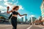 Placeholder: modern city wide street,pretty city scape at background ,blue sky nice cloudes, young beautiful ladys hip-hop dancing