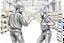 Placeholder: workers dancing in a industry factory with lot of wooden crates , a drawing with sketch lead pencil, no beards and light hair