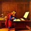 Placeholder: leonardo da vinci works on laptop at his desk. painting in photoshop. hyperdetailed, warm colors, movie poster, oil on canvas, lens flare