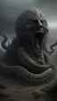 Placeholder: A big statue of a head in the sand huge mouth open and out of it a lot of snakes and spidrs,surrealism of the dark of a nightmare ten miles high and six foot deep, hyper photorealistic, hyper detailed dark art color, high resolution, fog, octane render, tilt shift, HDRI Environment, all pictures dark gray