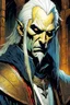 Placeholder: create a portrait of Elric of Melnibone, studying an arcane manuscript in a ruined Medieval scriptorium , in the graphic novel style of Bill Sienkiewicz and Jean Giraud Moebius, highly detailed facial features, grainy, gritty textures, foreboding, otherworldly and ethereal