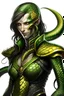 Placeholder: a female humanoid snake, wearing a black leather armor, green scales, yellow eyes