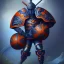 Placeholder: a fierce warrior in full navy blue and orange battle armor, with an S shaped shield, holding a basketball, a highly detailed illustration, background of Inka jungle, realistic render, 8 k, micro detail, intricate, elegant, centered, digital painting, Artstation, smooth, sharp focus, illustration, artgerm, tomasz alen kopera, peter mohrbacher, donato giancola, joseph christian leyendecker, wlop, boris vallejo